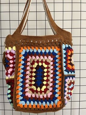 Handmade Multicolor Crochet Granny Square Tote Bag -two different straps